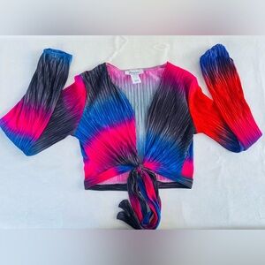 Jasmine Pink and Blue 3/4 Sleeve Tie Front Crop Blouse